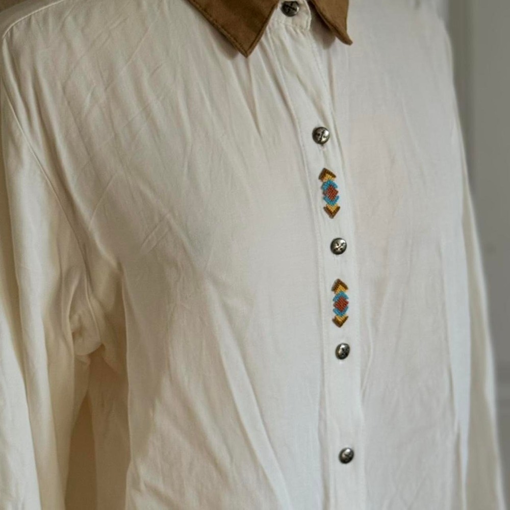 Vintage Panhandle Slim Western Shirt Women's Medium White Embroidered Snap - Picture 2 of 8
